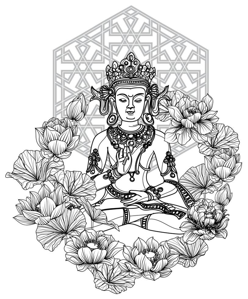 Tattoo-Kunst-Buddha-Design auf Lotus-Handzeichnung und Skizze vektor