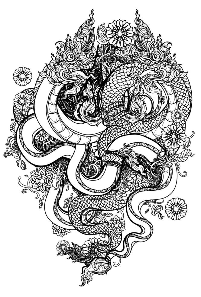 Tattoo Art Thai Dragon Flower Handzeichnung und Skizze vektor