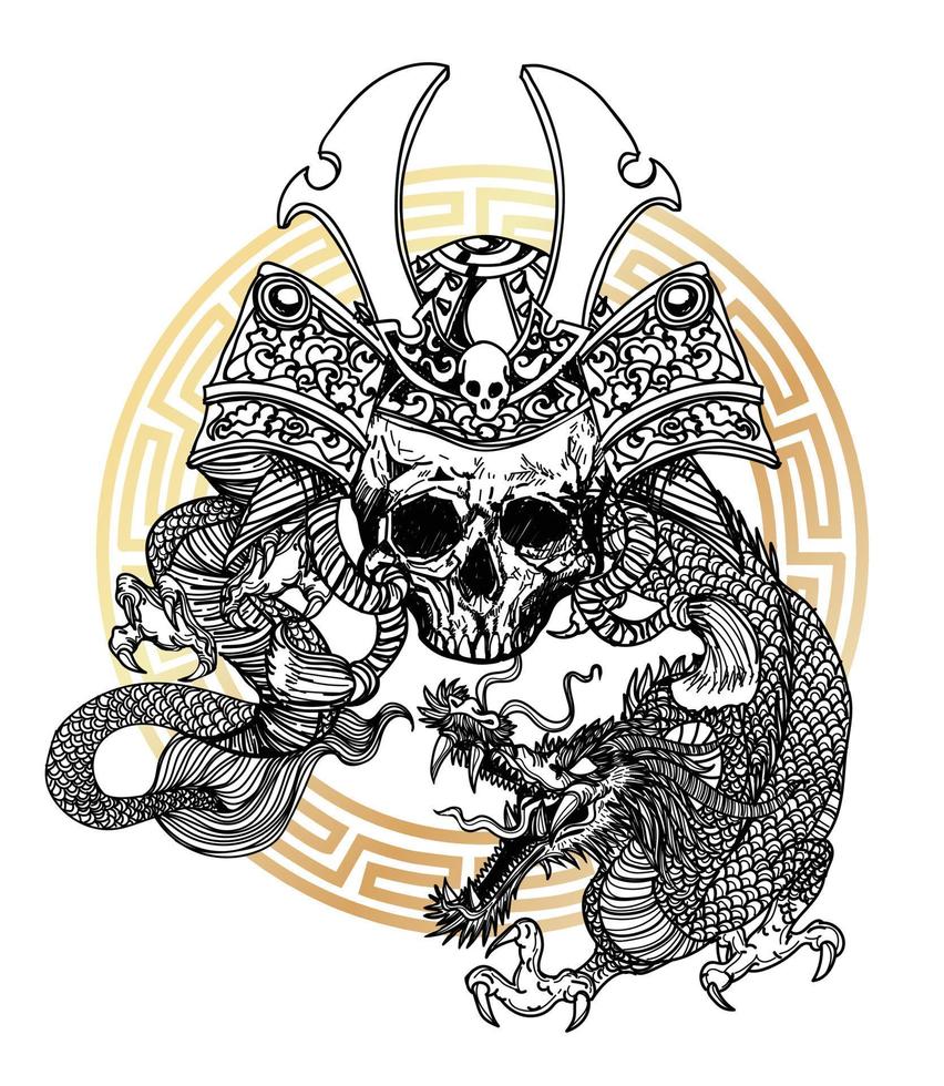 tatuering konst krigare huvud japanska svärd och drake ritning litteratur hand ritning skiss vektor