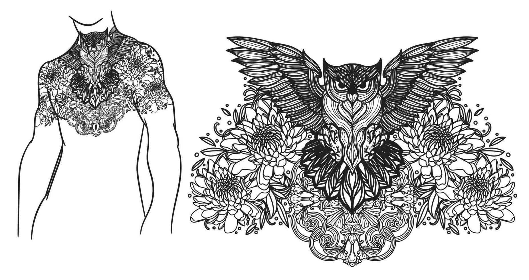 tatuering konst uggla och blomma hand ritning skiss svart och vitt vektor