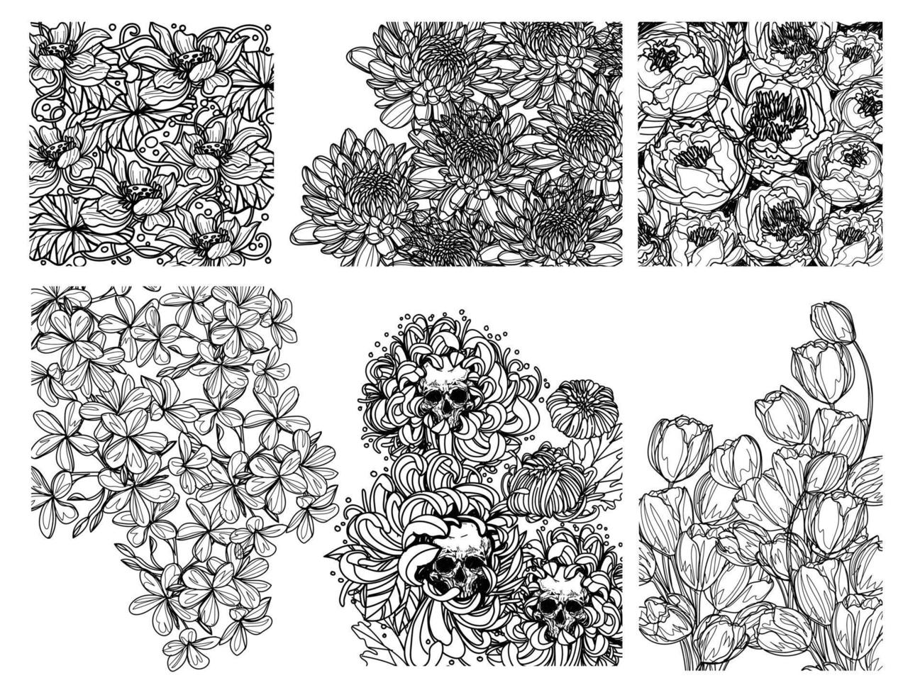 blommor set hand skiss ritning svart och vitt vektor