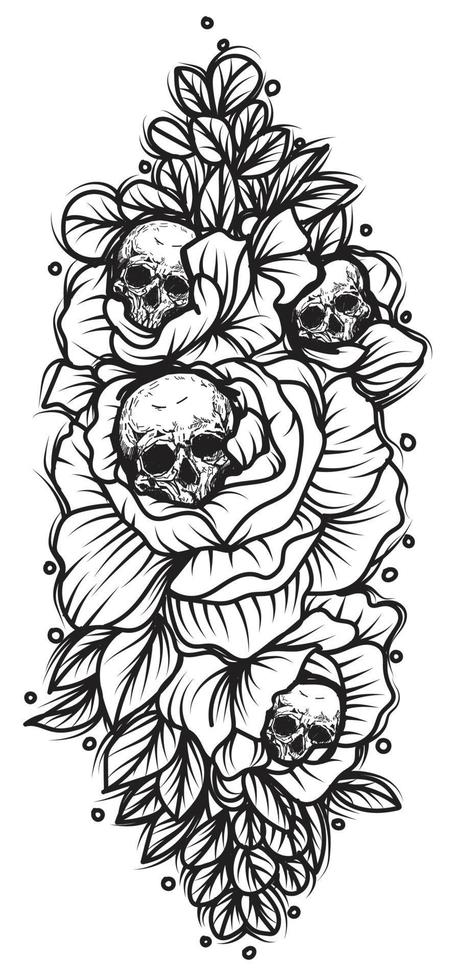 tatueringskonst dödskalle och blomma handritning och skiss svart och vitt vektor