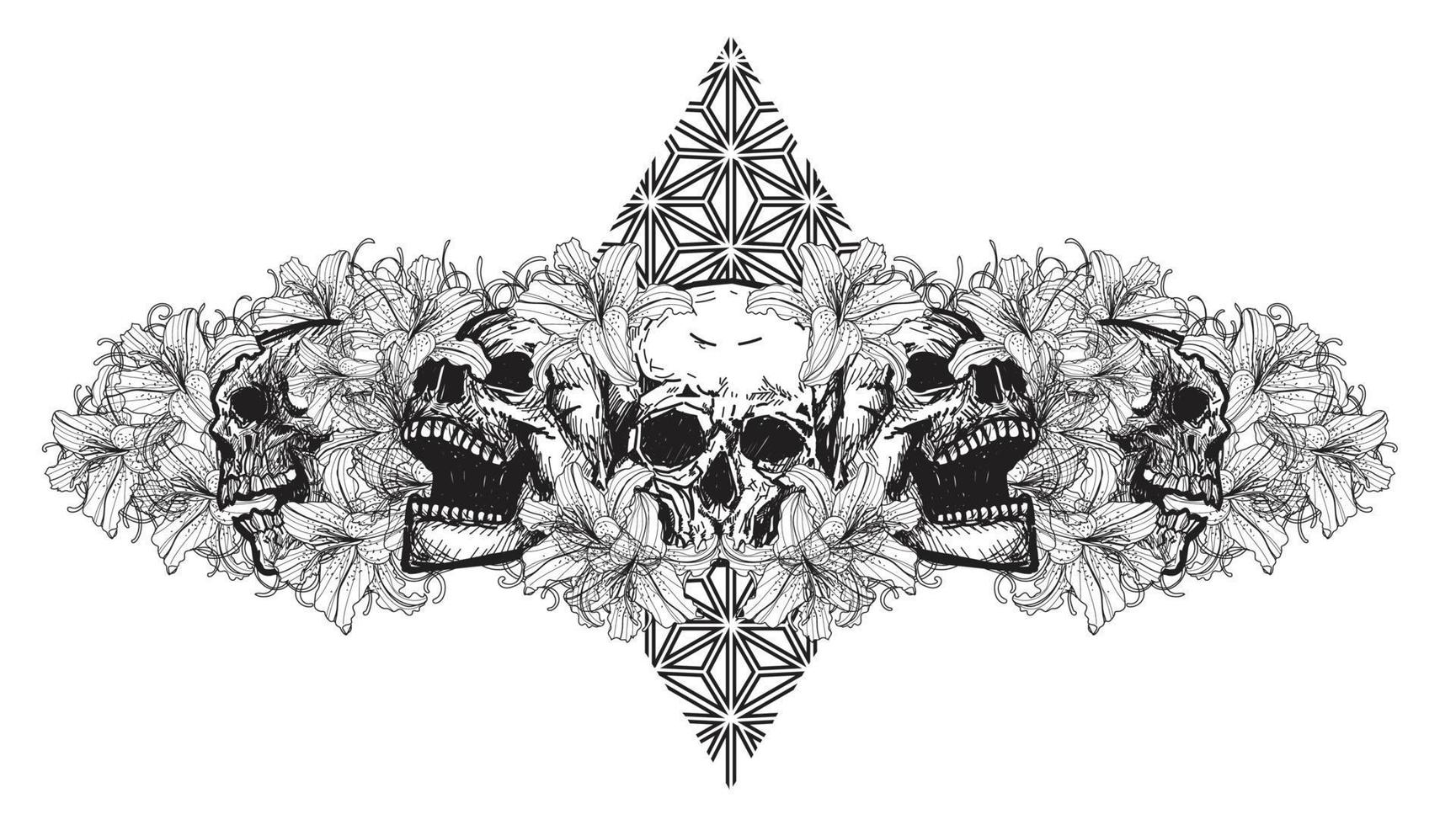 dödskalle tatuering konst med blommor ritning skiss svart och vitt vektor