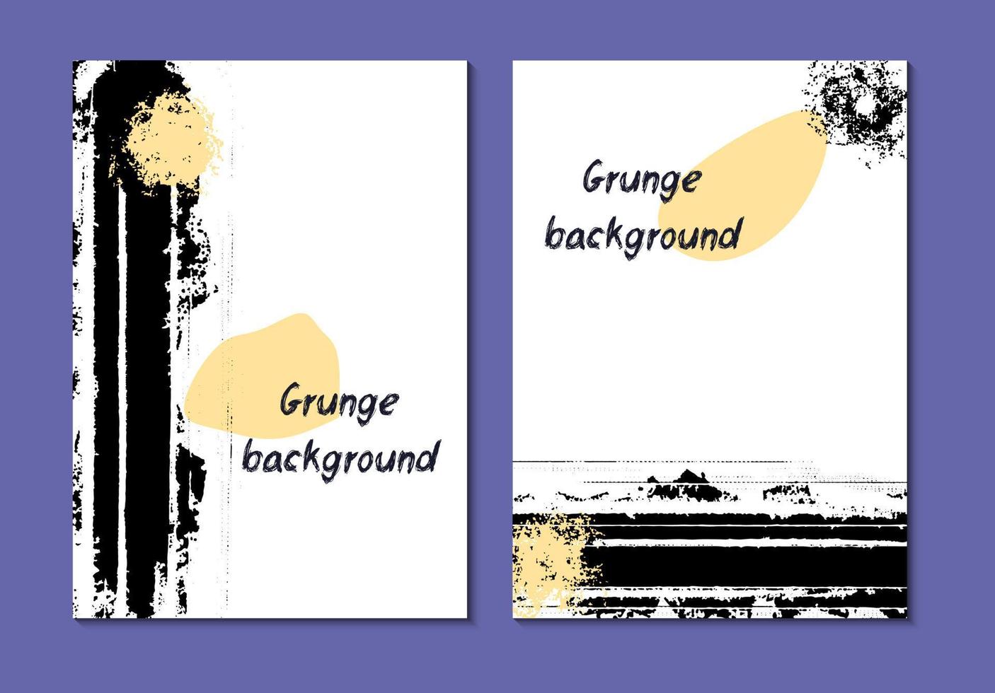 Satz von zwei abstrakten Grunge-Kartenvorlagen. moderner flyer, broschüre, cover, hintergrunddesign. schwarze, gelbe, lila und weiße Farben. Vektorillustrationen vektor