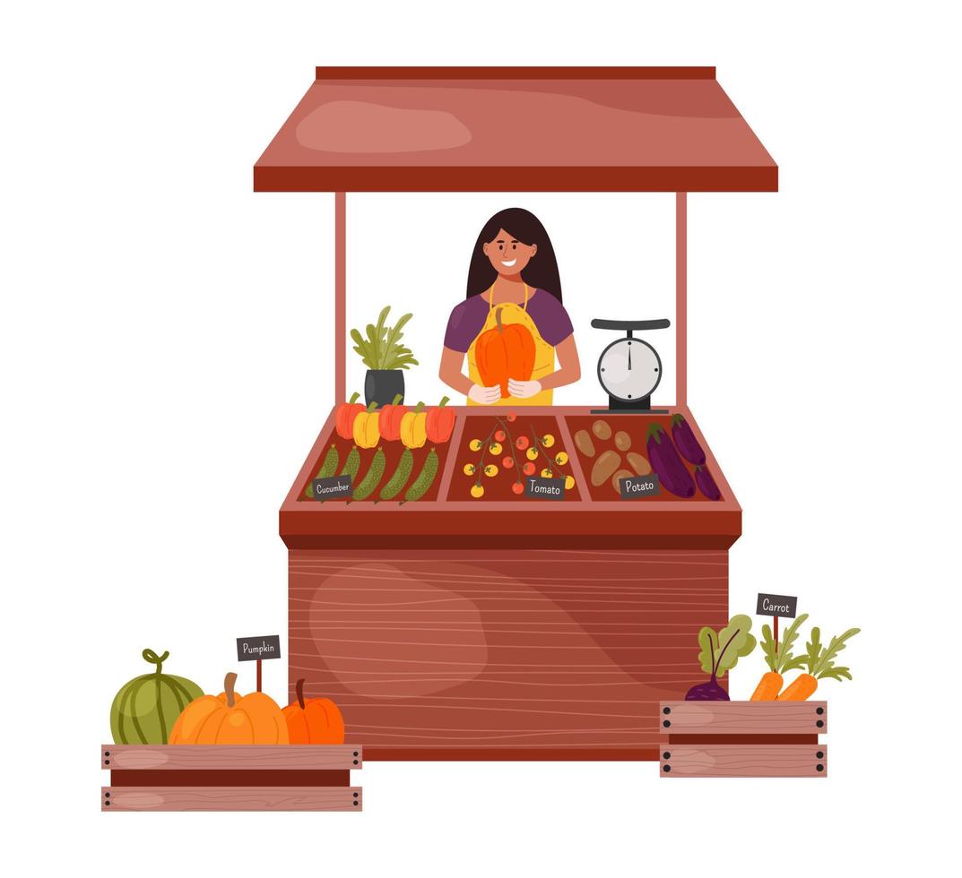 kvinnlig bonde säljer grönsaker och frukter på disken på marknaden. försäljare håller en pumpa från en lokal gård. platt tecknad vektorillustration isolerad på vit bakgrund vektor