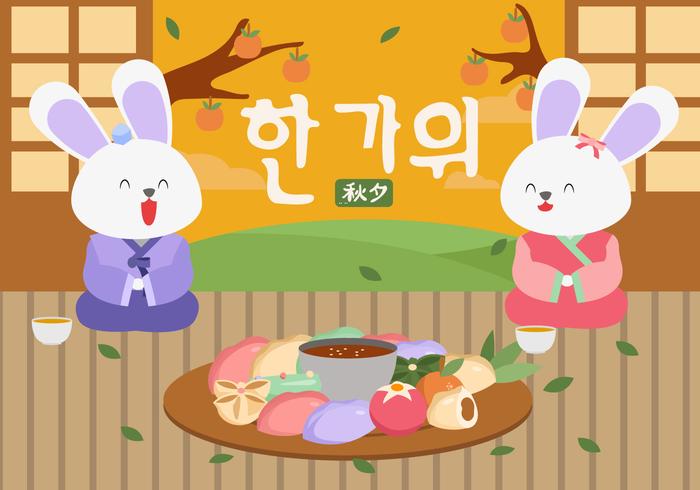 Netter Bunny Greeting Happy Chuseok Vector Flat Illustration