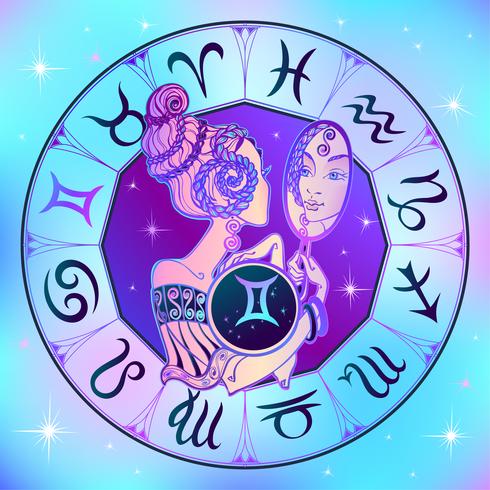 Zodiac tecken Gemini vacker tjej. Horoskop. Astrologi. vektor