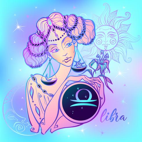 Zodiac sign Libra en vacker tjej. Horoskop. Astrologi. Vektor. vektor