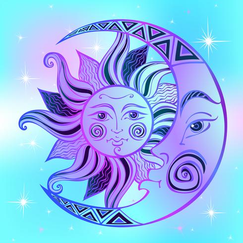 Der Mond und die Sonne. Altes astrologisches Symbol. Gravur. Boho-Stil. Ethnisch. Das Symbol des Tierkreises. Mystisch. Vektor. vektor