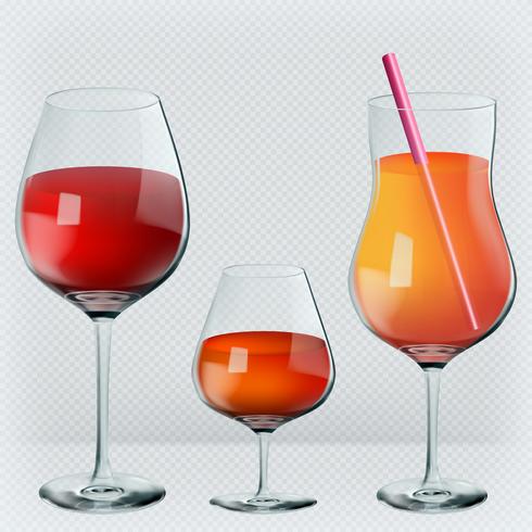 Sats med drycker i genomskinliga realistiska glasögon. Vin, konjak, cocktail. Vektor illustration.