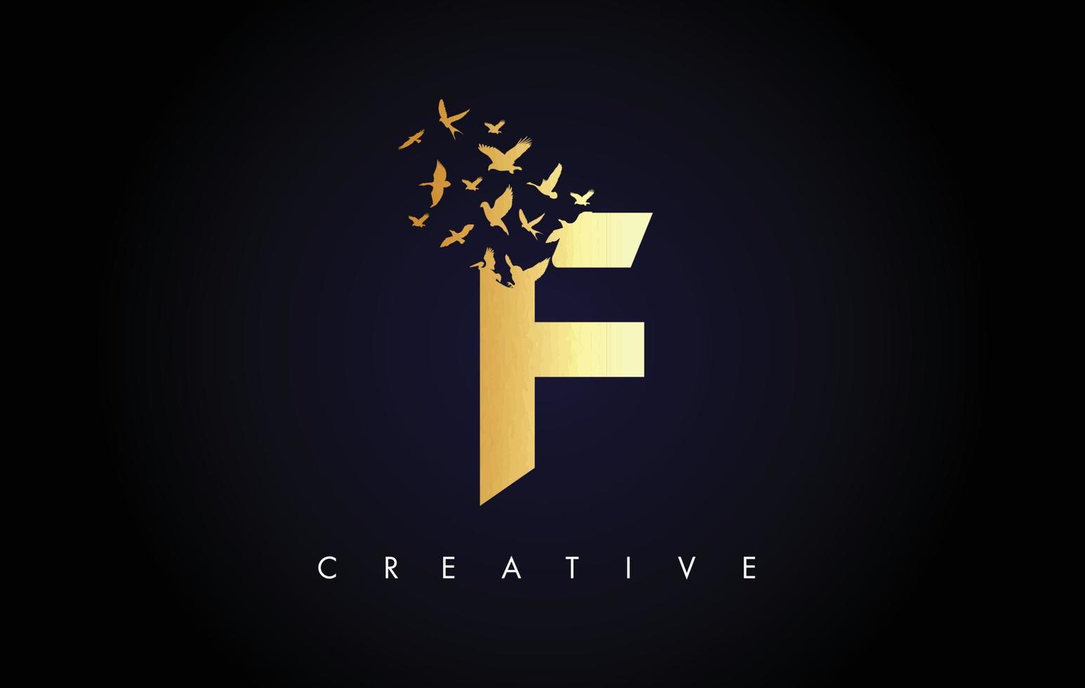 goldener f-logo-buchstabe mit einem vogelschwarm, der aus dem brief fliegt und sich auflöst. vektor
