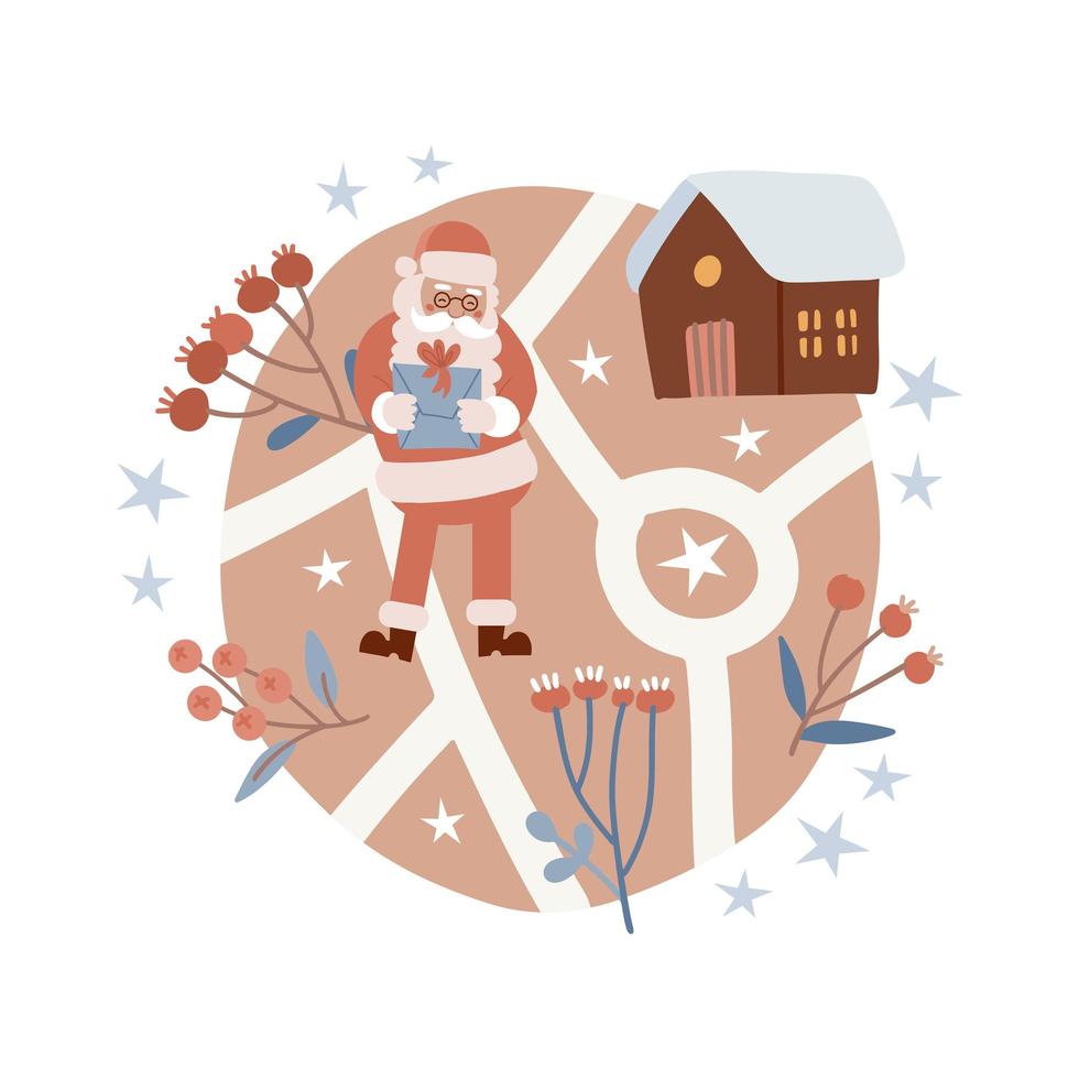 julaffisch med en karta över vinterbyn. platt vektorillustration med hus, jultomten, bär och grenar i en enkel skandinavisk stil. rund isolerar former med gator och vägar. vektor