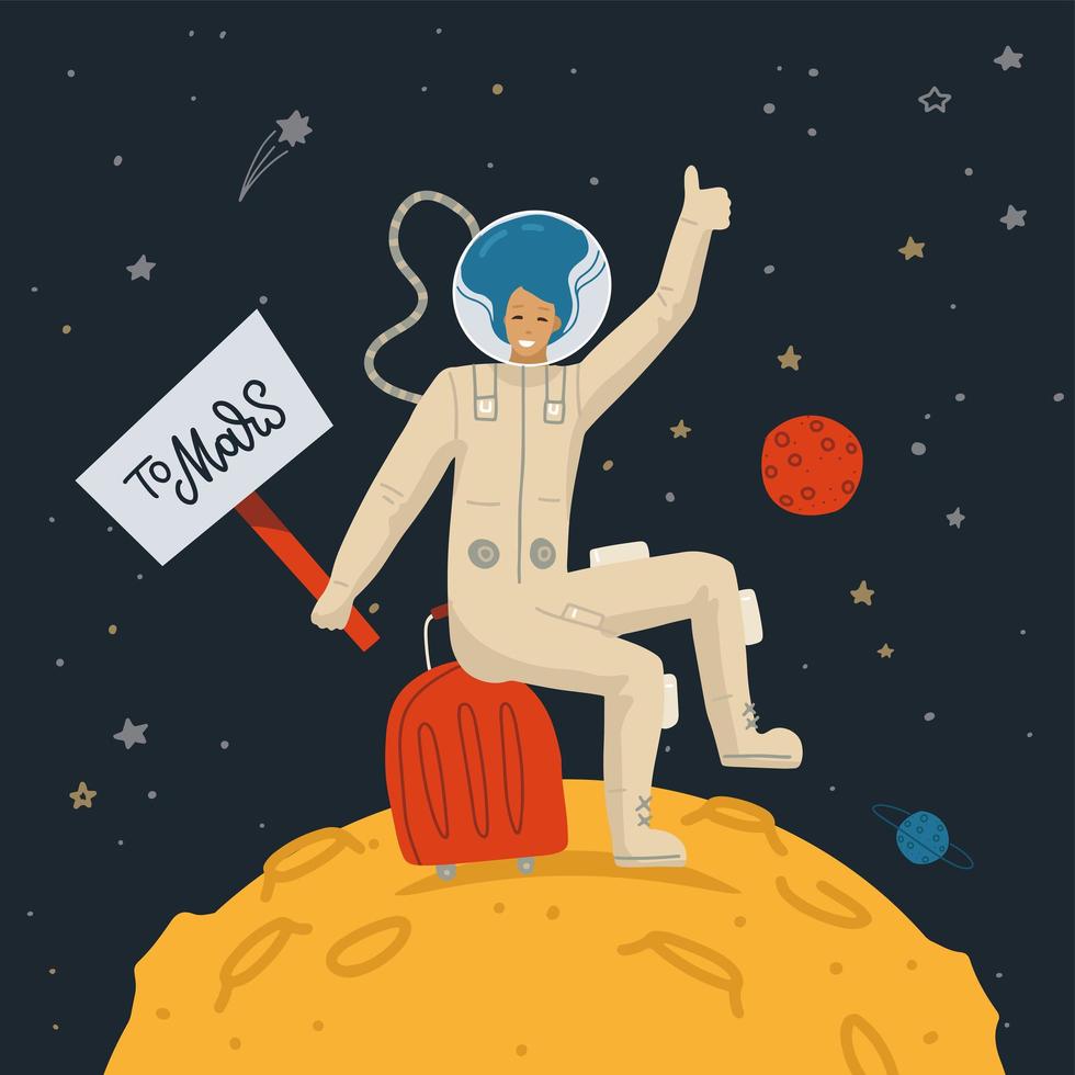 rymdturism koncept. kvinnlig astronaut på månen ytan med tecken till mars gör liftare gest. vektor platt handritad illustration. mörkt kosmos med stjärnor i bakgrunden.