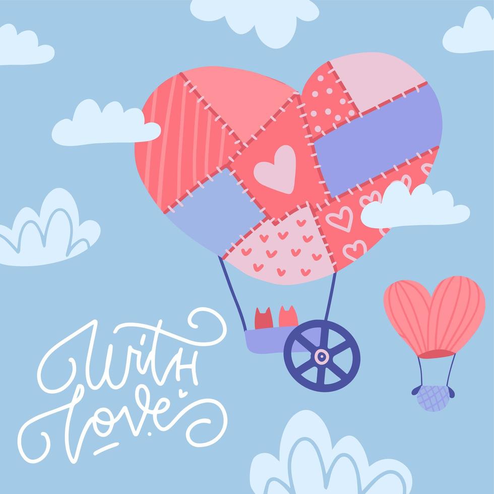 grußkarte zum valentinstag mit karikaturpaaren von katzen, die auf luftballon in form von herzen im patchwork-stil fliegen. flache vektorillustration mit text - mit liebe. vektor