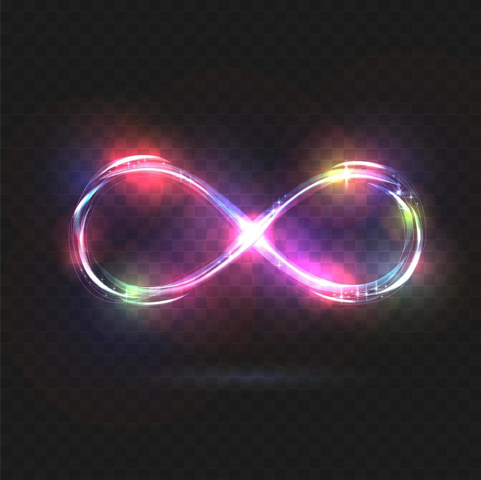 Vektor mehrfarbige magische glühende Licht-Unendlichkeitszeichen-Strudelspur auf schwarzem Hintergrund. blaue Neon-Glitter-Feuerfunken-Spiralen-Wellenlinie