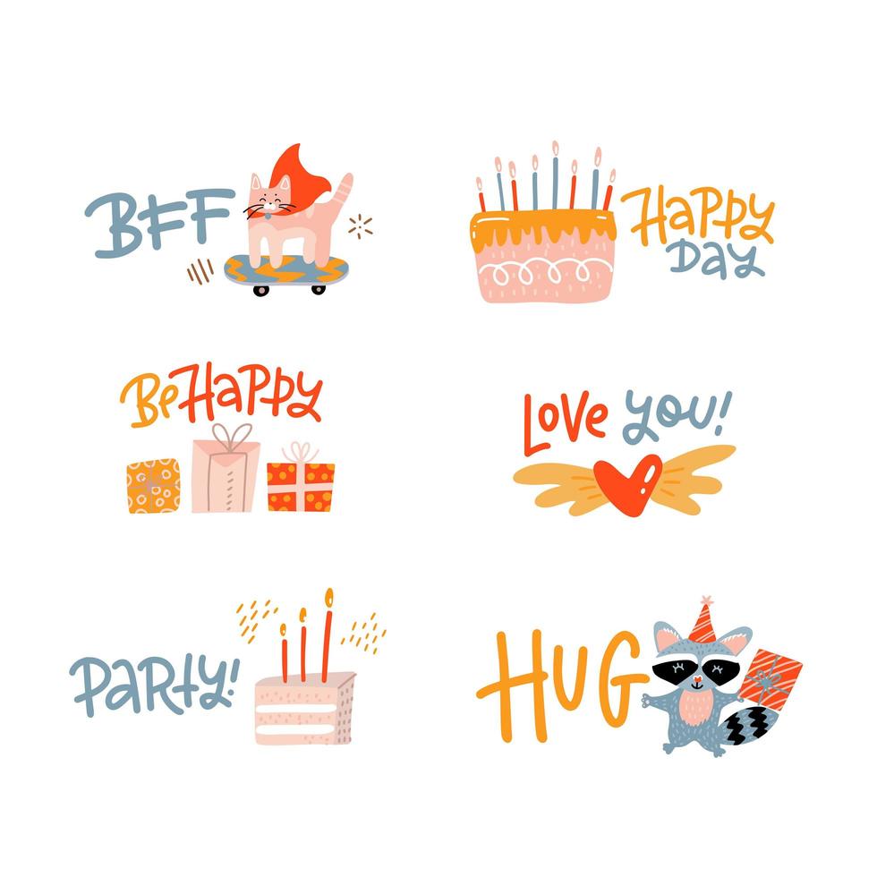 inspirierendes Social-Media-Sticker-Set. Grußphrasen flache Vektorgrafiken Pack. motivierende zitate mit sammlung von geburtstagselementen. Bday Wishing Schriftzug - Happy Day, Bff, Party, sei glücklich. vektor