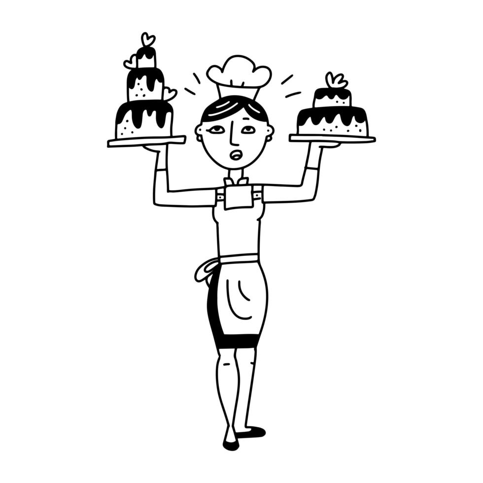 niedlicher Vintager weiblicher Chefkoch, der einen Hochzeits- oder Geburtstagskuchen hält. Doodle-Vektorillustration mit einem Charakter in einer Schürze und einer Kappe für eine Bäckerei und Konditorei. vektor