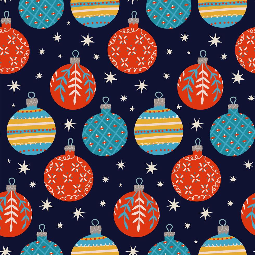 weihnachtsrunde glaskugeln nahtloses muster im flachen handgezeichneten stil. Christbaumkugeln Dekorationen Hintergrund. trendige vektorillustration vektor