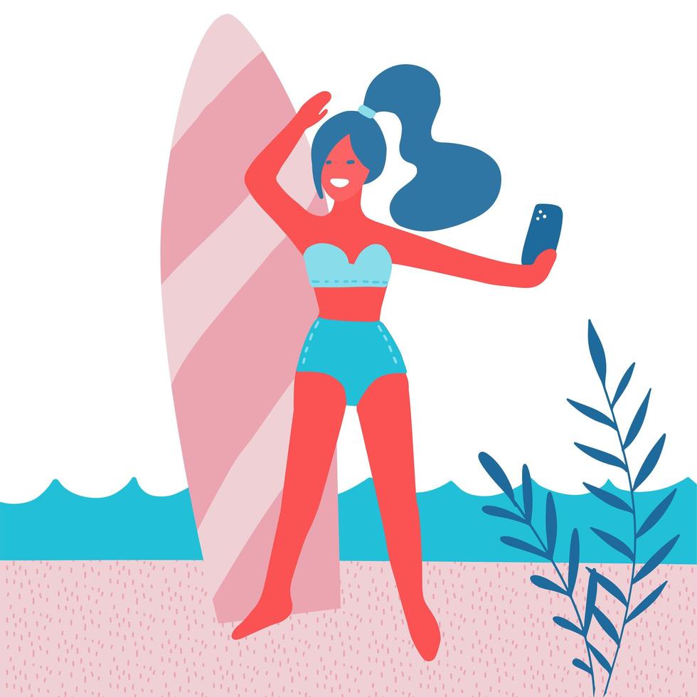 Schönes Mädchen, das Selfie mit Surfbrett am Strand mit Palmblättern, Sonne macht. Sommerurlaub. Frau im Badeanzug mit Handy. moderne flache vektorillustration vektor