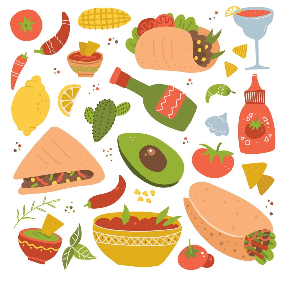 satz traditionelles mexikanisches essen menüsymbol, köstliche rezepte zum kochen, authentische küche, festessen. Vektor flache handgezeichnete Cartoon-Illustration isoliert auf weißem Hintergrund.