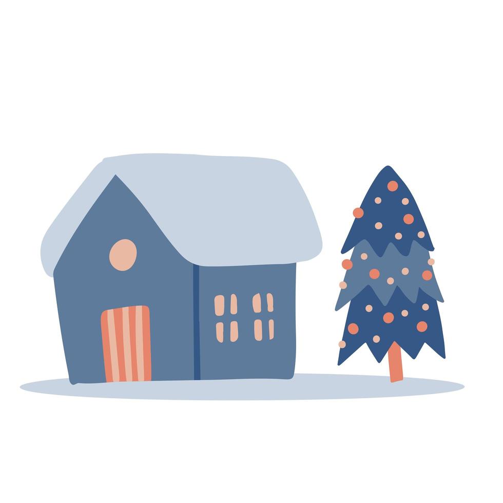 Winterhaus mit Weihnachtsbaum isoliert auf weißem Hintergrund. gemütliche Ferienzeit. Hygge frohes neues Jahr. freihändig isoliertes Element. flache vektorillustration. nur 5 Farben - einfach umzufärben. vektor