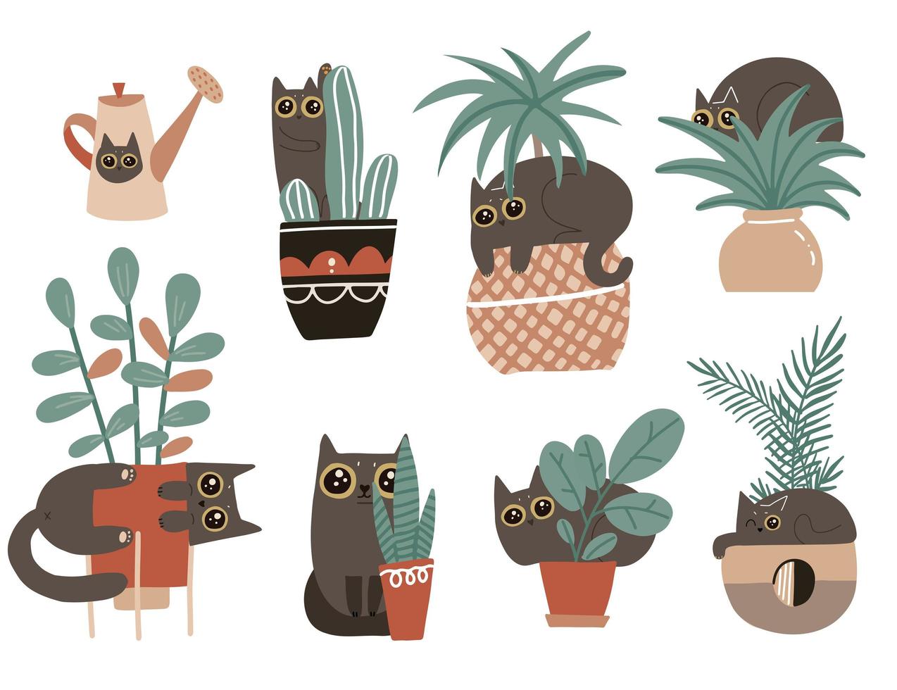 skyldig katt teckenuppsättning. söta stygga lekfulla katter skadar krukväxter. svart kattunge leker med krukväxter i blomkrukor. isolerade vektor handritad skandinavisk tecknad illustration.