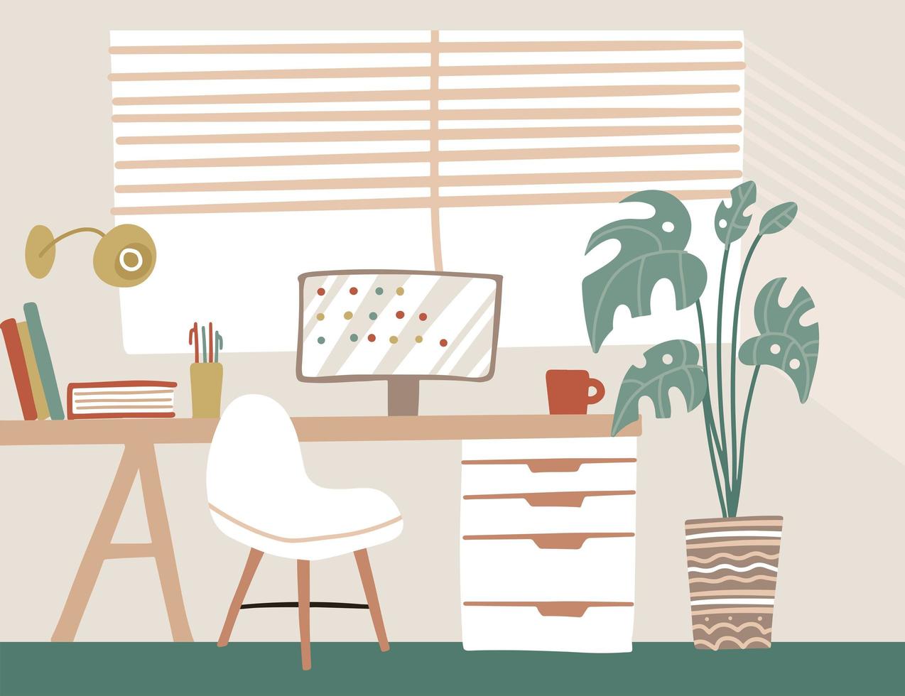 modern skandinavisk stil interiör i pastellfärger. lagom bekväm arbetsyta, mysigt hemmakontor med bord, stol, skärm och palmkrukväxter. vektor iflat handritad llustration.