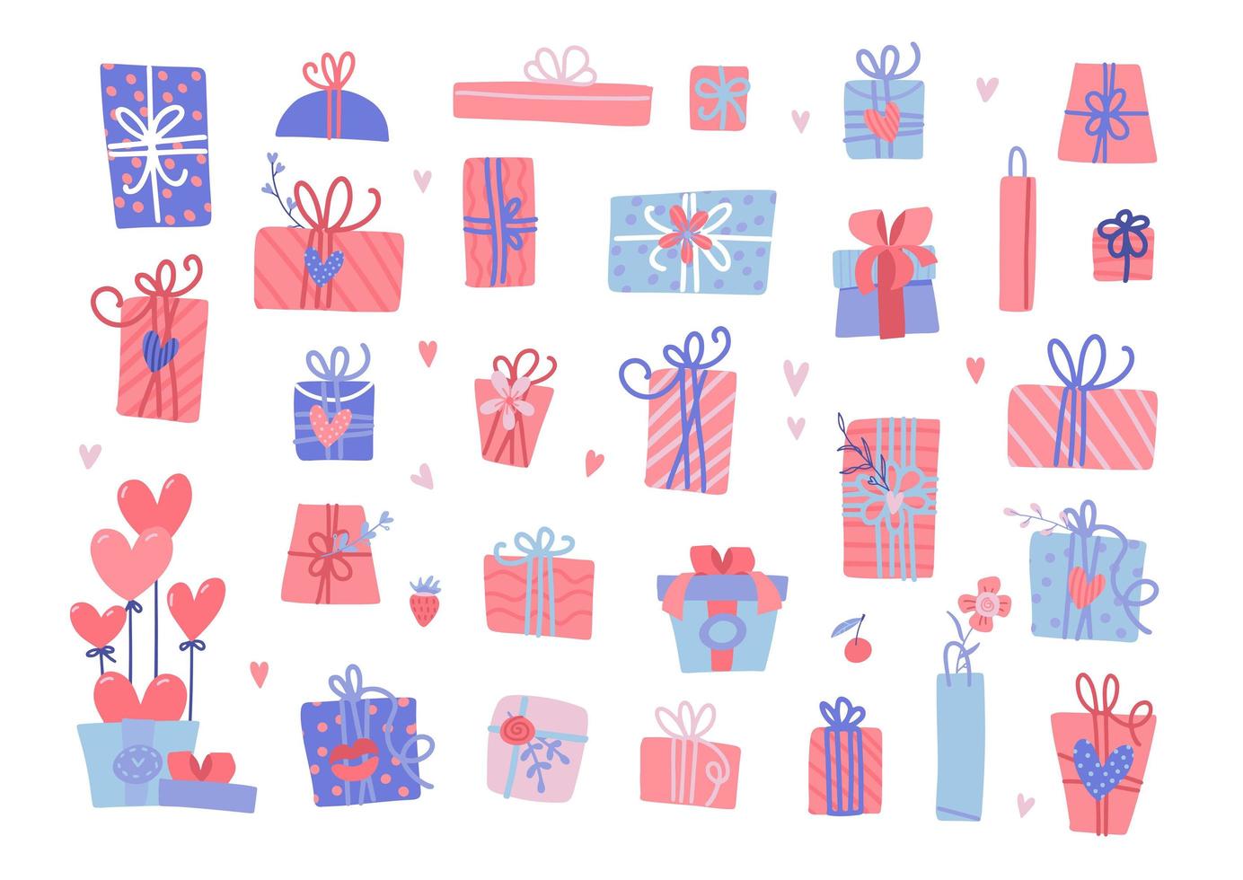 satz verschiedener valentinstaggeschenke. isoliert verpackte geschenkboxen mit herzen. Grußkartenvorlage. hand gezeichnete flache vektorillustration vektor