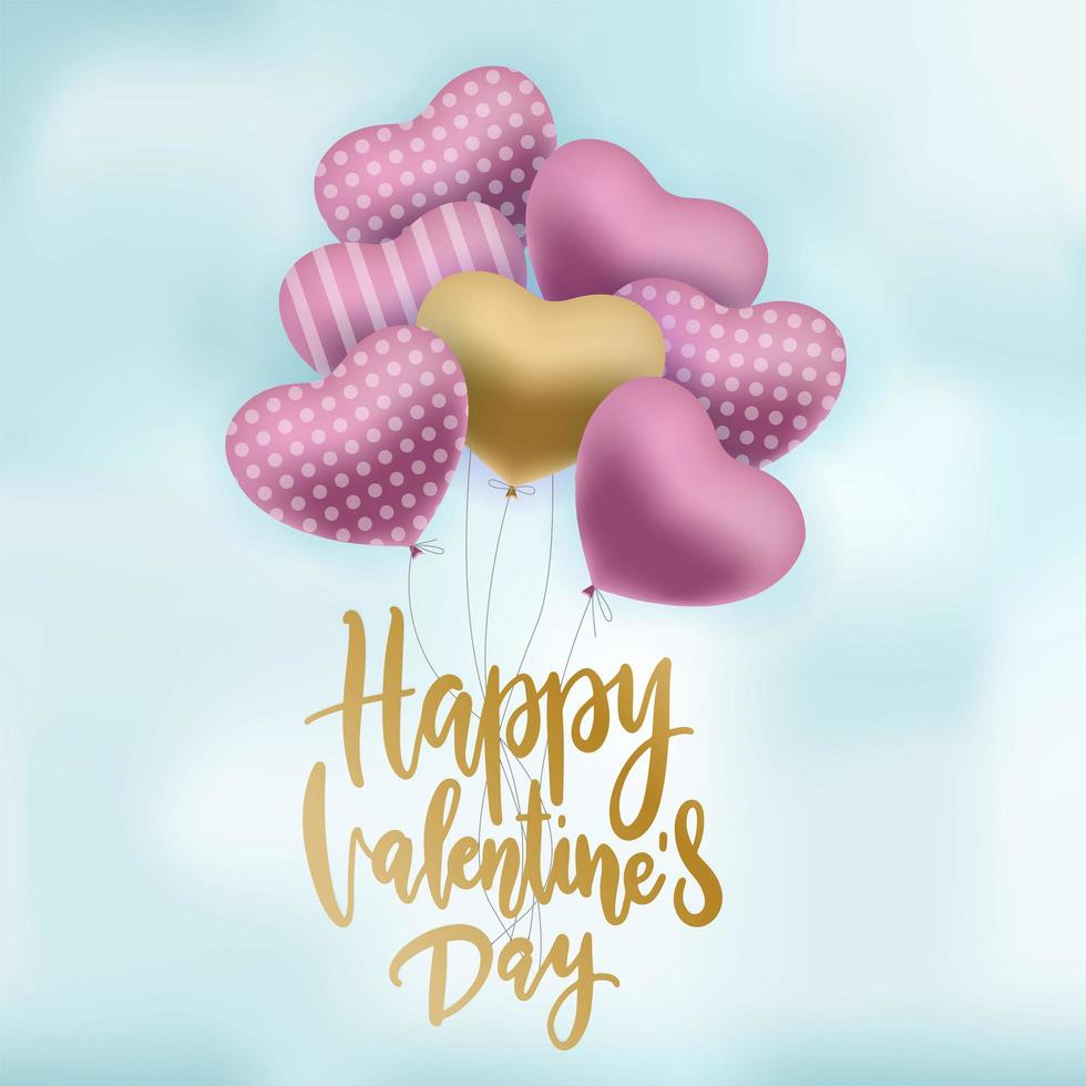 Haufen verzierter rosa und goldener Luftballons, die in den Himmel fliegen. glücklicher valentinstag grußkarte mit handbeschriftung qoute - glücklicher valentinstag. vektor realistische illustration.