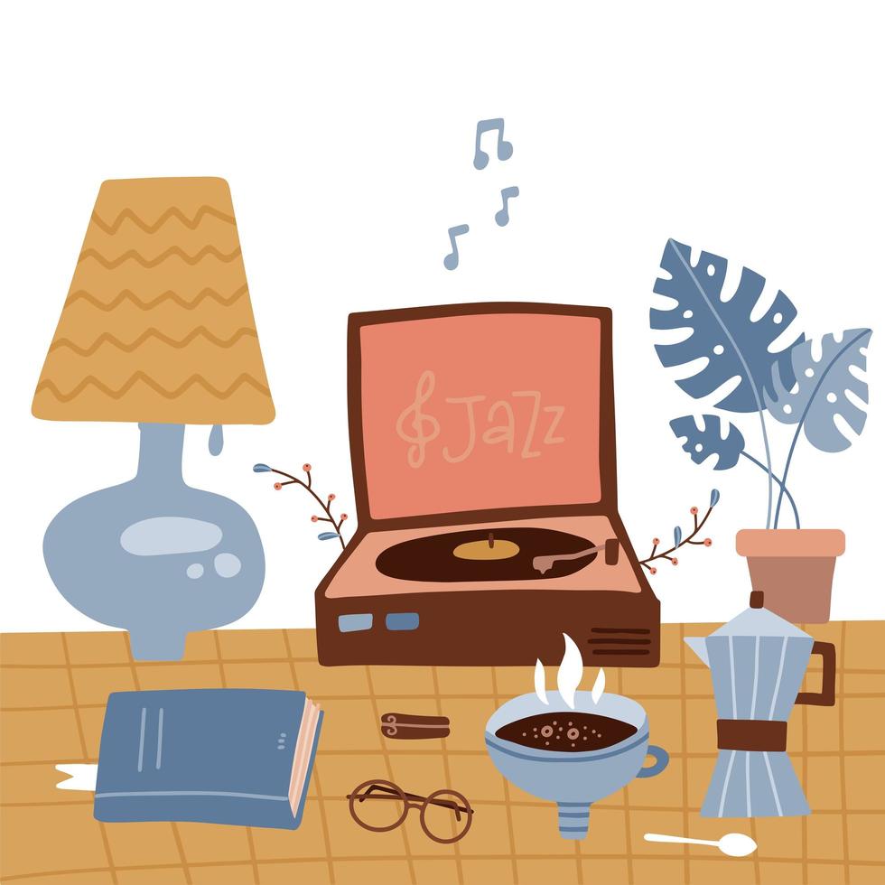 Winter gemütliche Arten von Retro-Rest - Schallplatten, Bücherlesen bei der Lampe, Tee. ein Phonograph steht auf einem karierten Tischtuch. Tisch mit Topfpflanze und Plattenspieler für Schallplattenspieler vektor