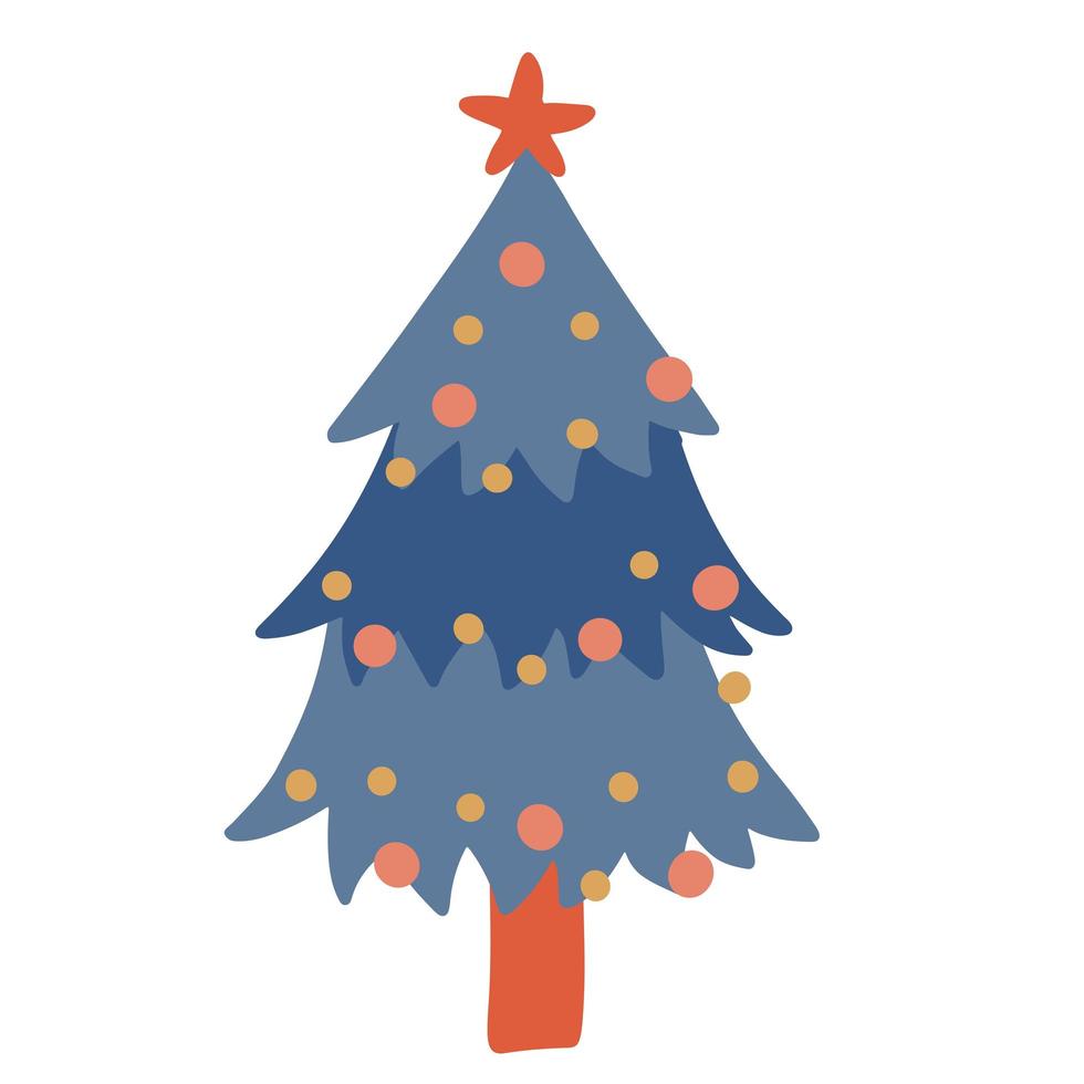 Weihnachtsbaum. Blaufichte verziert mit Stern, Kugeln und Kugeln. hand gezeichnetes winterferiensymbol. isoliertes Clipart-Element. flache vektorillustration. nur 5 Farben - einfach umzufärben. vektor