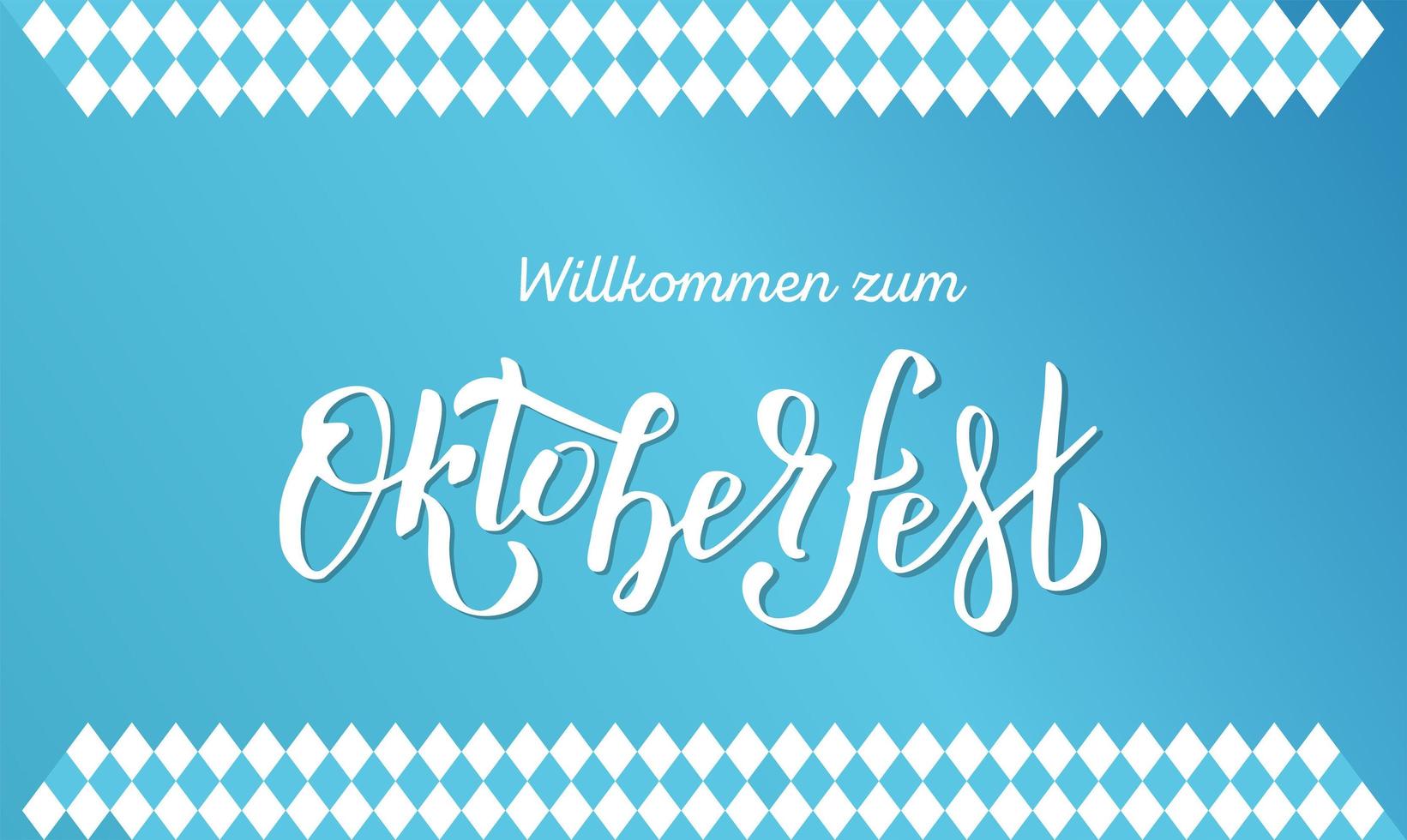 willcommen zum oktoberfest handskrivna borste bokstäver på vitt och blått bayerskt mönster. oktoberfest logotyp. öl festival vektor banner. blå, vit bokstäver typografi för logotyp, affisch, kort