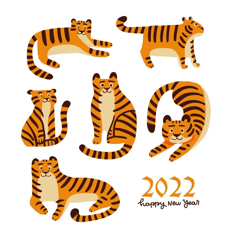 Cartoon-Tiger-Set. niedlicher tiercharakter in verschiedenen posen. flache vektorillustration für niedliche drucke, kleidung, verpackung, aufkleber. Symbol des neuen Jahres 2022, vektor
