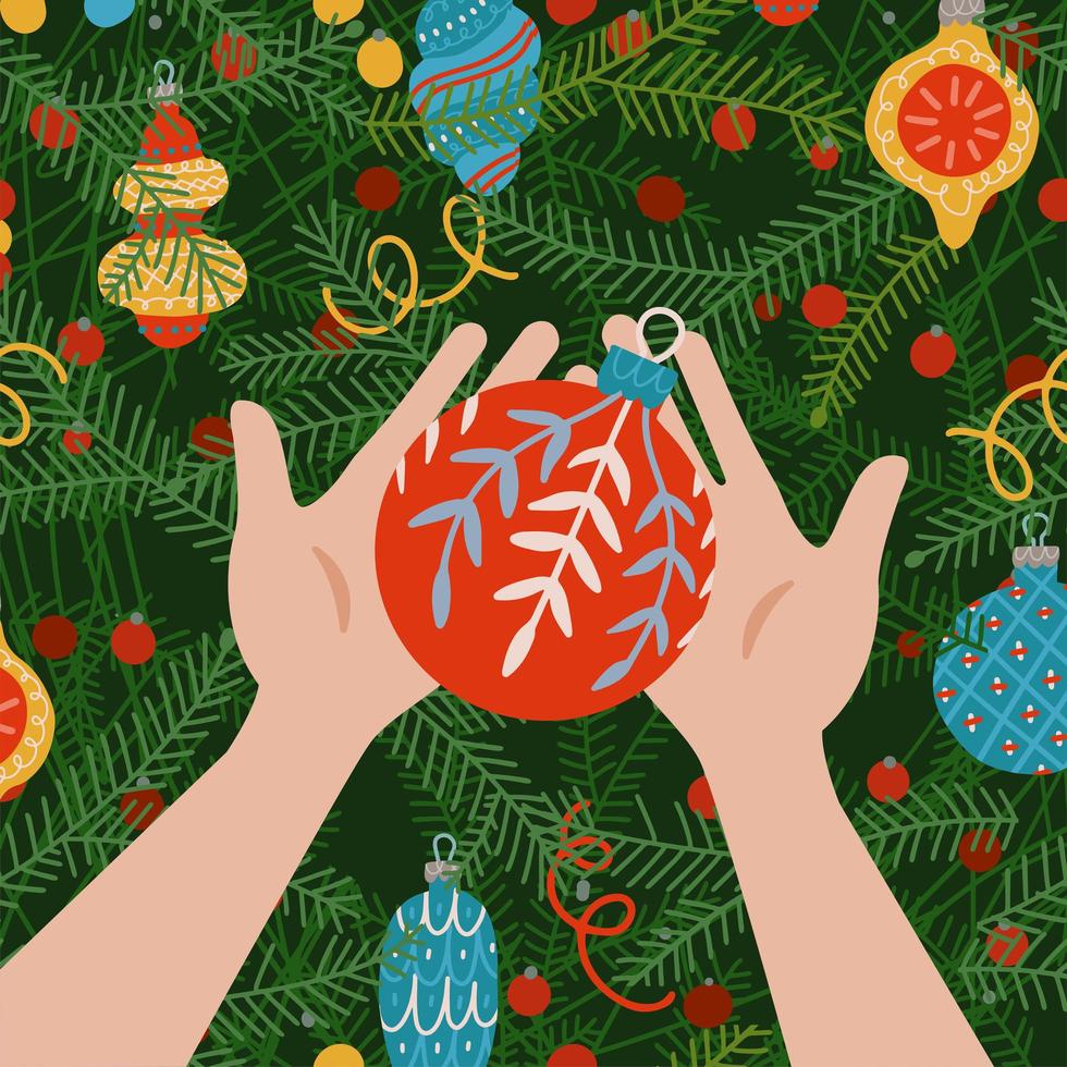 süße heiligabendszene. der Blick aus den Augen. zwei hände, die weihnachtskugel halten und weihnachtsbaum mit kugeln schmücken. vektor flach isoliert handgezeichnete illustration.