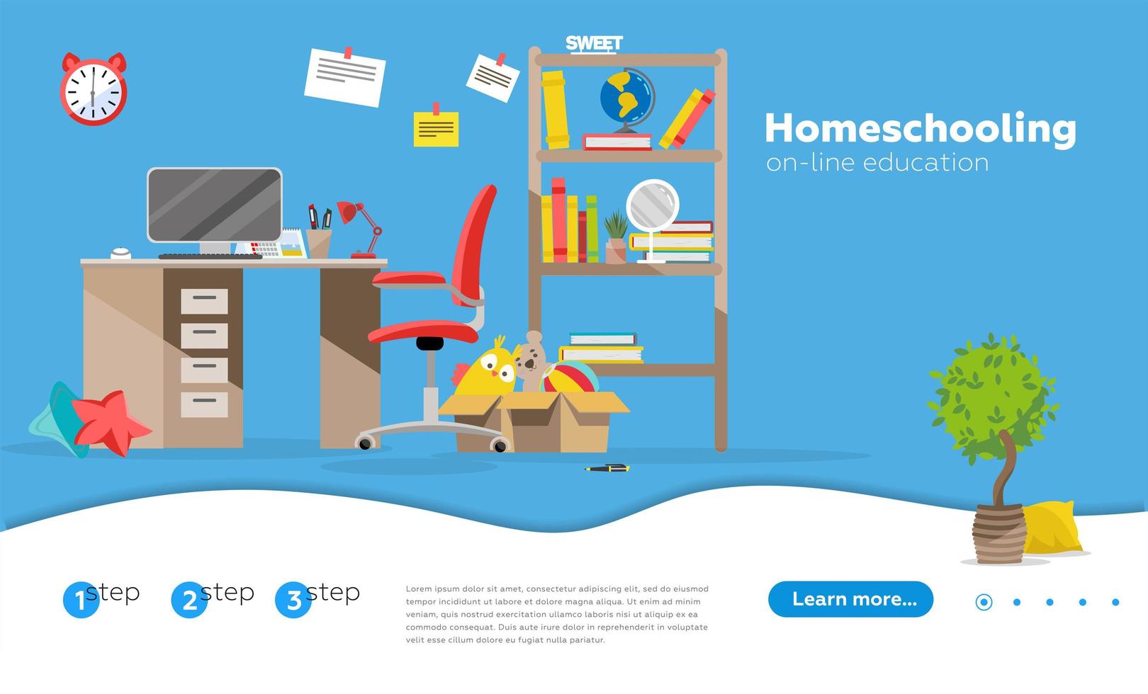 home schooling, home education plan, homeschooling online-tutor-konzept. Website-Homepage-Landing-Webseitenvorlage. kinderschreibtisch in der flachen illustration des kinderzimmers vektor