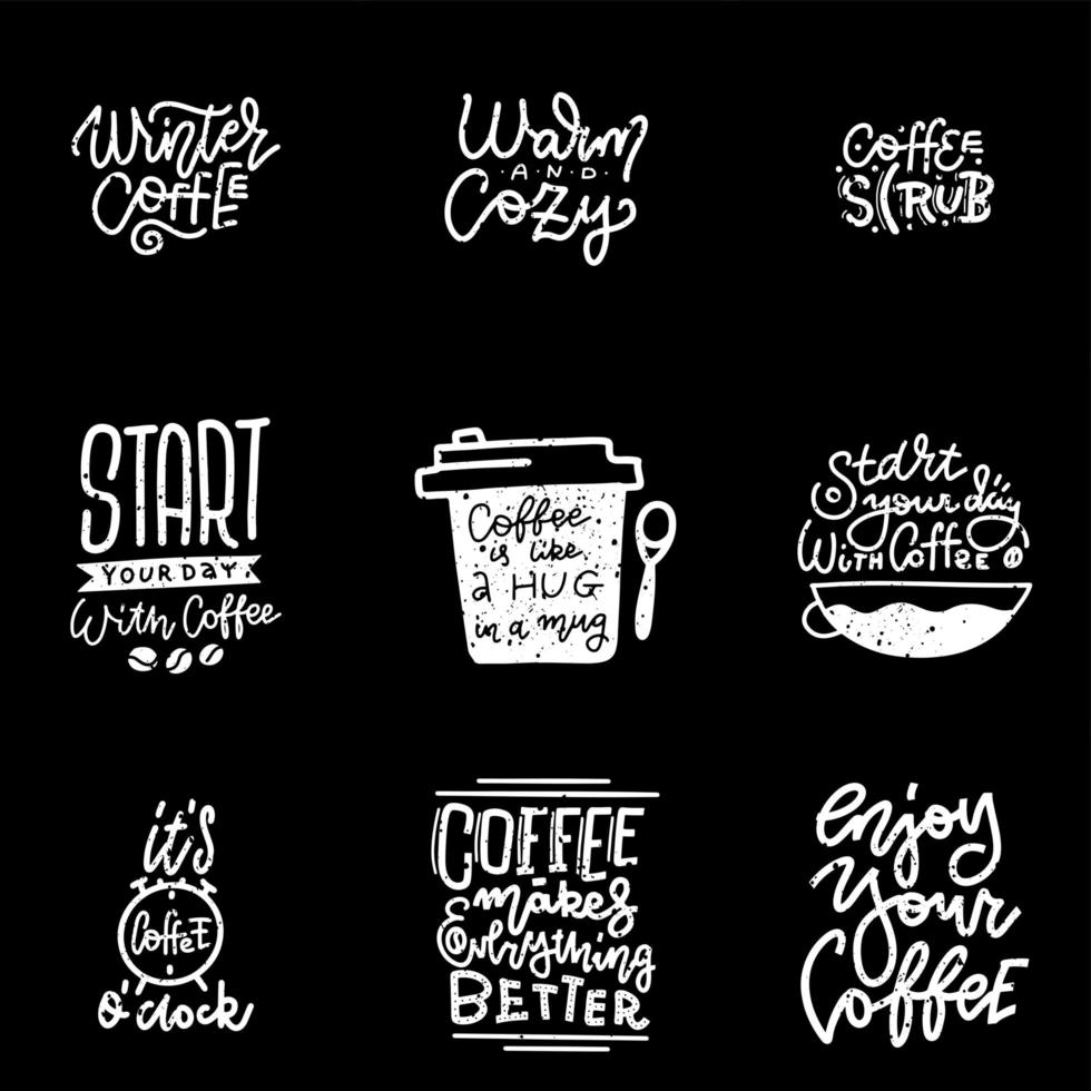 Kaffee-Schriftzug-Set. modernes Kalligrafie-Zitat über Kaffee. handgezeichnete Vektorsammlung. texturierte isolierte konzepte auf der tafel. vektor