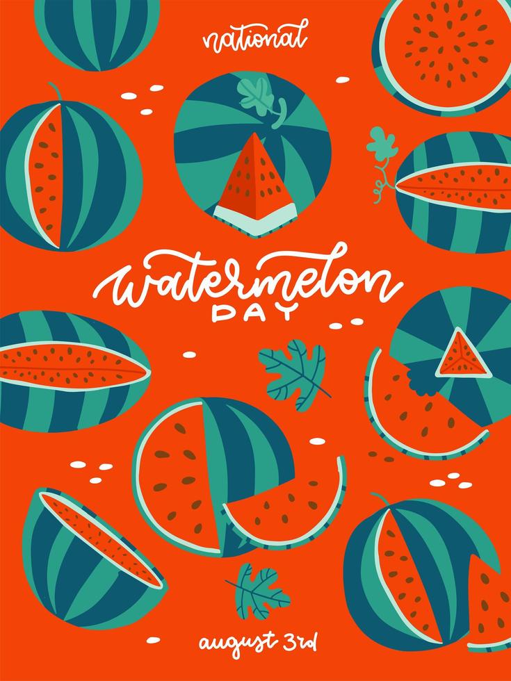 vattenmelon dag - vertikal sommar banner. röd affisch med gröna vattenmeloner och vit bokstäver text. vektor platt handritad illustration.