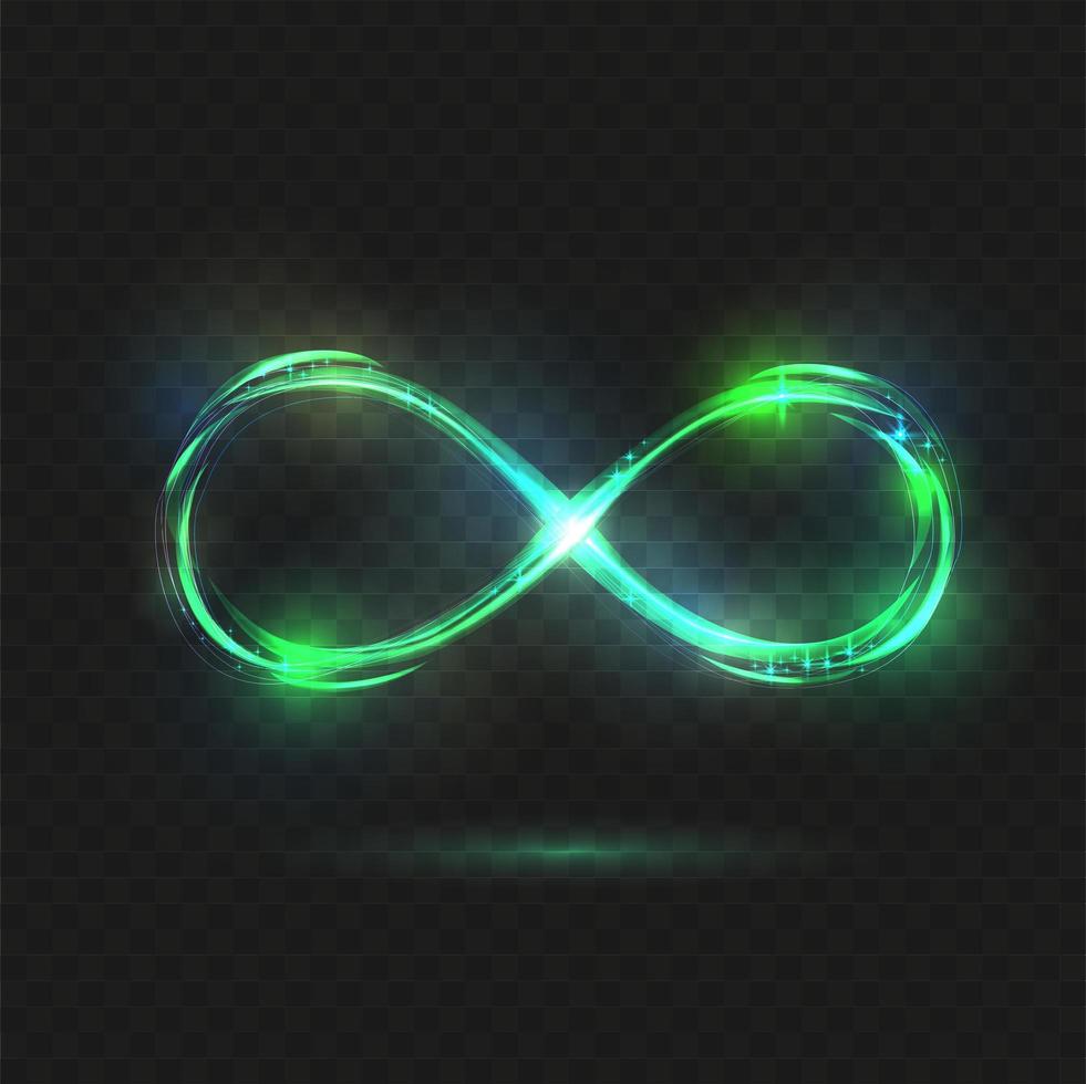 grön gnistra oändlighetssymbol på mörk bakgrund. ritning linjär dekorativ illustration. logotyp presentation. mint neon glitter spark spiral vågig linje. vektor
