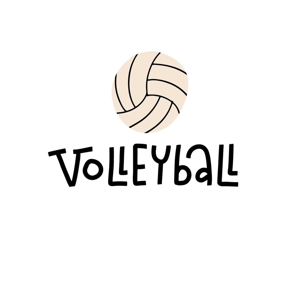 Volleyball-Schriftzug auf weißem Hintergrund mit Ball. sport, fitness, aktivitätssymbol. konzeptkalligrafiedruck für t-shirt, flagge, banner, logo, plakatdesign. flache handgezeichnete illustration. vektor