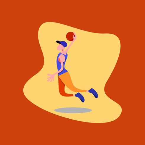 Vektor illustration av en pojke basket spelare med en blå hatt, blå skjorta och apelsinbyxor.