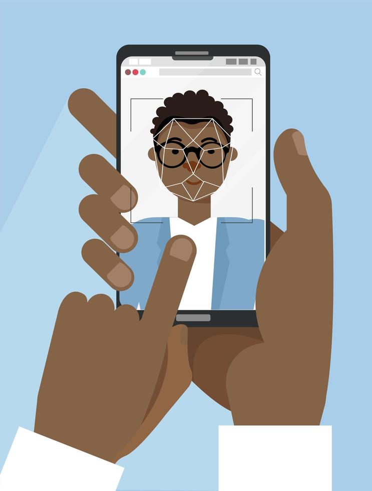 ansiktsigenkänning. ansikts-ID, ansiktsigenkänningssystem. två afroamerikanska händer som håller smartphone med svart manligt mänskligt huvud på skärmen. platt design grafiska applikationselement. vektor illustration