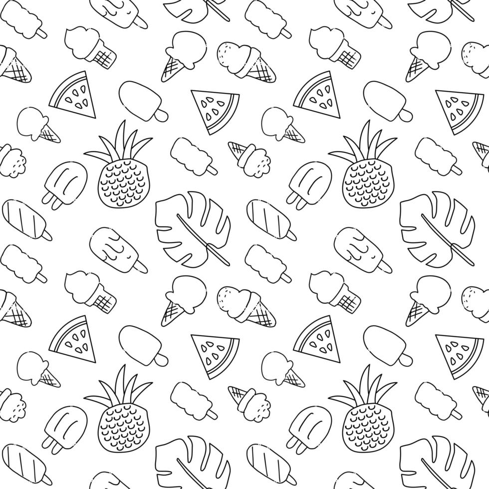 nahtlose Sommerferien-Icons-Muster mit Eiscreme, Wassermelone, Ananas und Palmblättern. Vektor handgezeichnete schwarze Umrissillustration auf weißem Hintergrund.