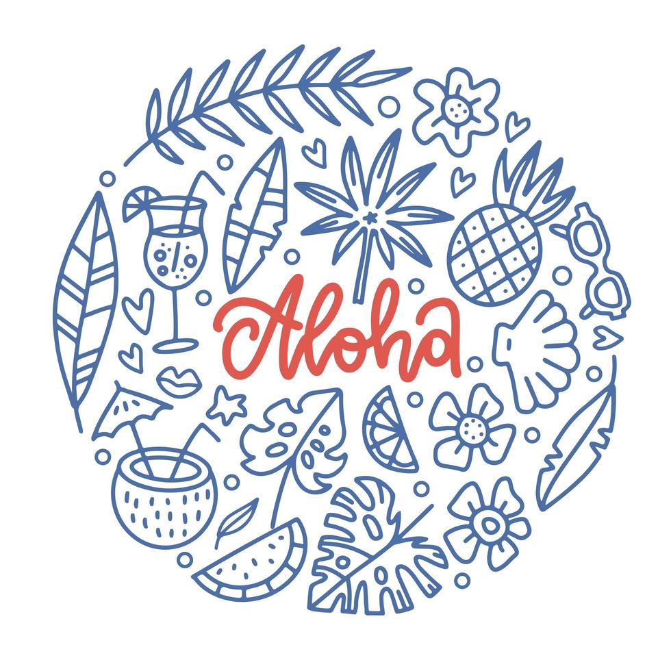 Aloha Tropical Paradise Banner Vorlage mit Schriftzug Wort in runder Form tropischer Elemente. hawaiianische ferien lineare vektorillustration. vektor