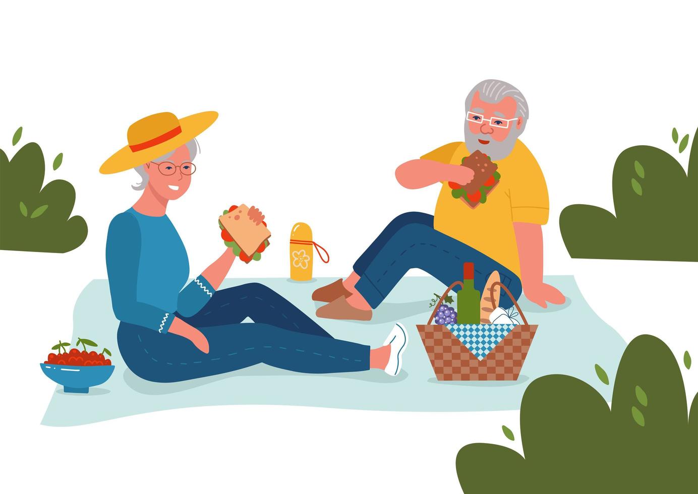 äldre par med picknick. lyckliga långa relationer platt vektor skiss illustration på vit bakgrund.