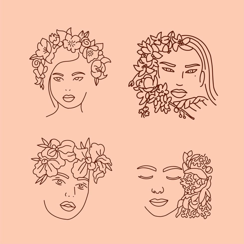 eleganta kvinnors ansikten i en linje konststil med blommor i hårstrån. kontinuerlig linjekonst i minimalistisk stil för tryck, affischer, kort. vackra kvinnliga mode ansikte vektor handritad illustration