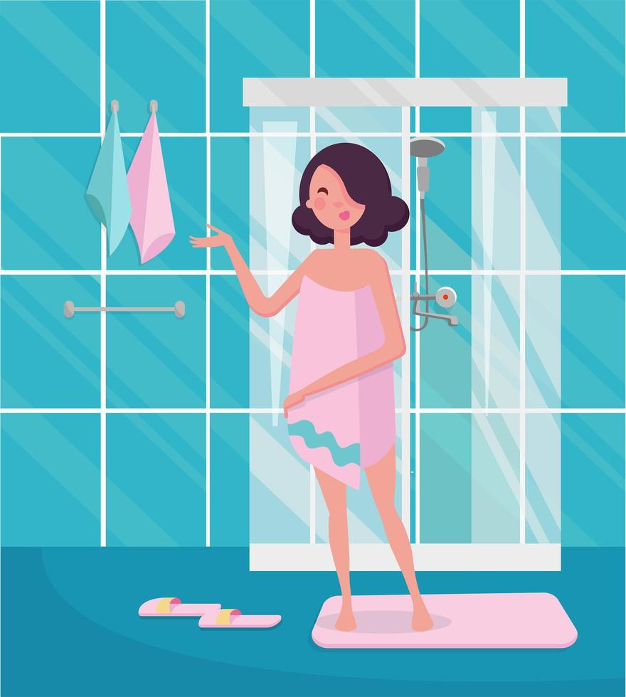 Frau in einem rosa Handtuch, die auf dem Hintergrund des Badezimmerinnenraums mit Duschkabine steht. flache Cartoon-Vektor-Illustration. vektor