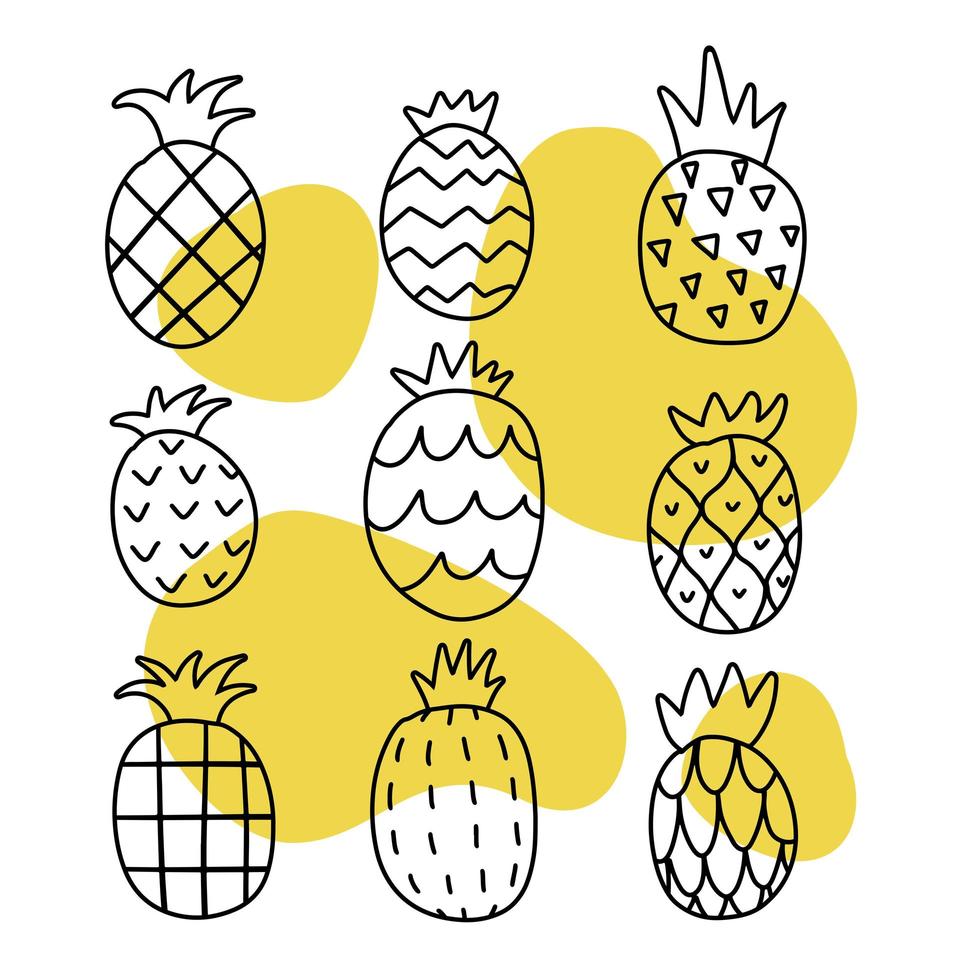 Ananas-Doodle-Set-Elemente. hand gezeichnete lineare vektorillustration lokalisiert auf einem weißen hintergrund. Monoline-Symbol, Zeichen oder Logo-Design. vektor