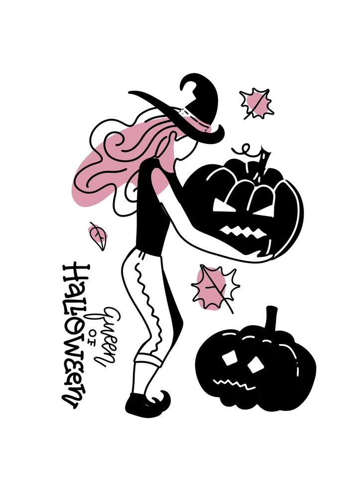 halloween minimalistiskt gratulationskort. en ung häxkvinna i hatt håller en pumpa i händerna. vektor handritad trendig illustration. bokstäver inbjudan för en semester eller en fest.