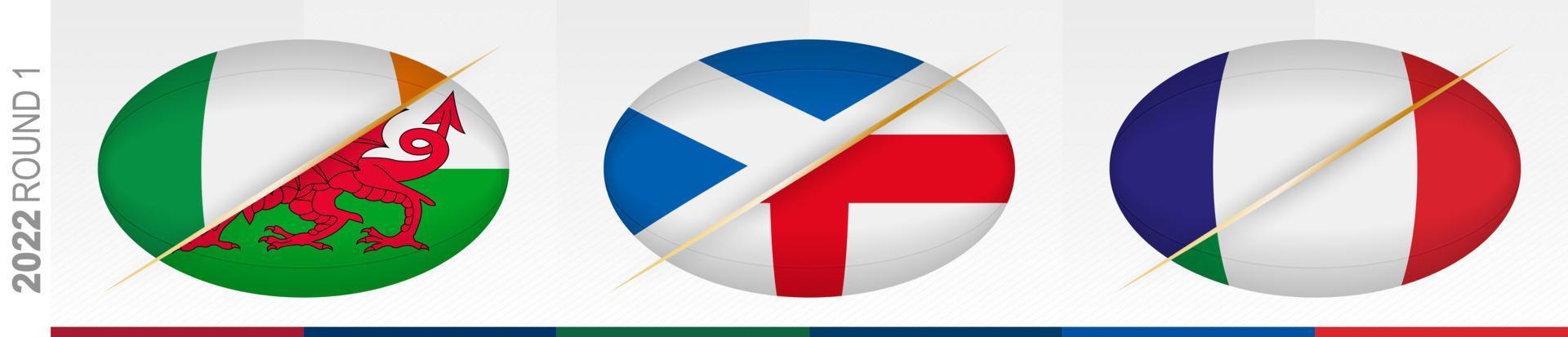 rugbymatcher i omgång ett Irland mot Wales, Skottland mot England, Frankrike mot Italien. koncept för rugbyturnering. vektor