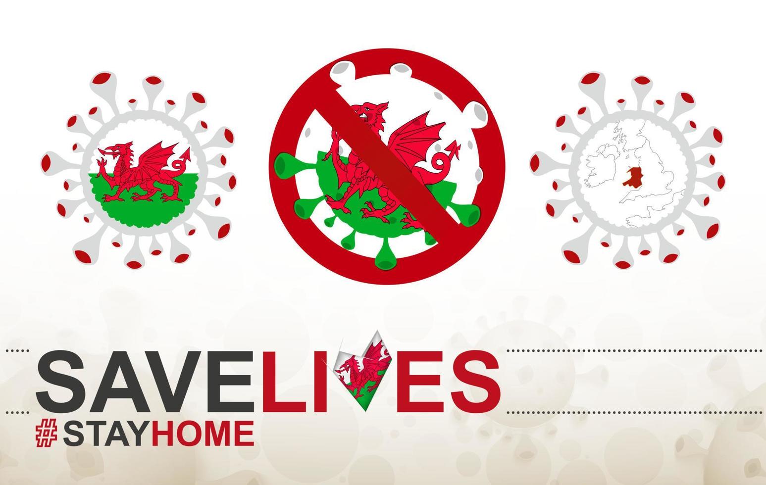 Coronavirus-Zelle mit Wales-Flagge und Karte. Stop-Covid-19-Schild, Slogan Save Lives Stay Home mit Flagge von Wales vektor